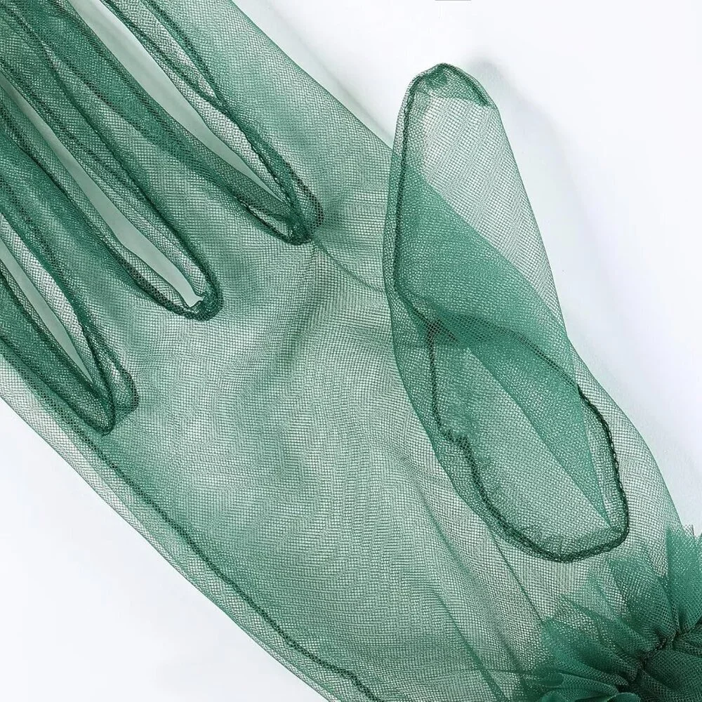Women's Puffy Ruffle Green Tulle Sheer Mesh Party Prom One Size Short Gloves